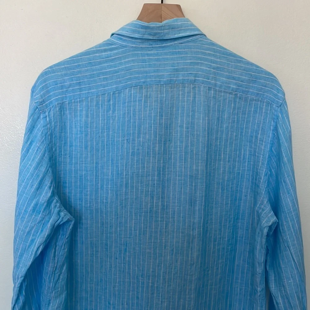XACUS | 100% Linen Made in Italy Blue Stripe Button Down Resort Shirt 15 3/4 40 - Picture 6 of 9